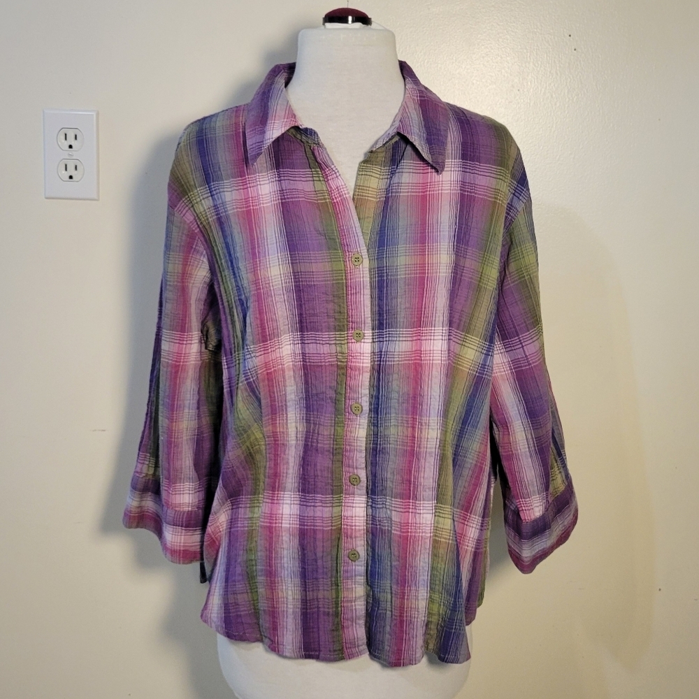 Lemon Grass (Women's XL) 3/4 Sleeve Plaid Textured Boxy Button-Up Blouse Top